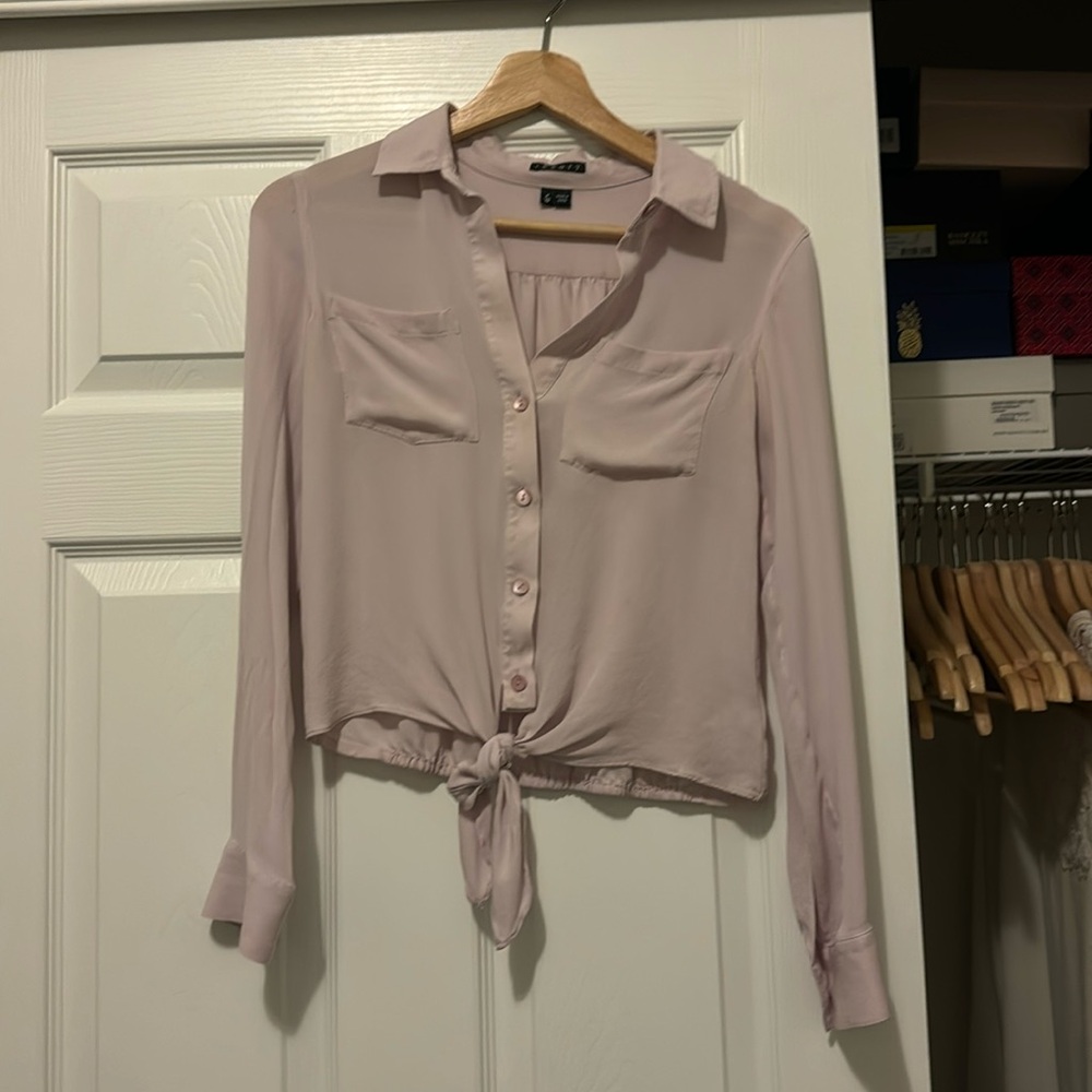 Women's Pink Button-Up Tie-Front Blouse